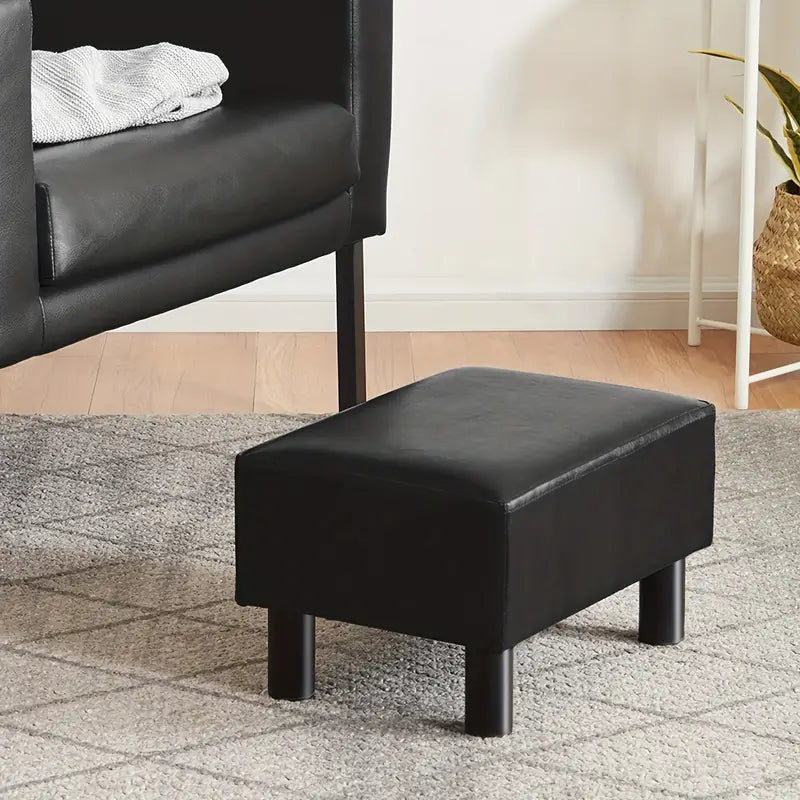 Small Wooden Leg Ottoman: Black PU Faux Leather Footrest-4