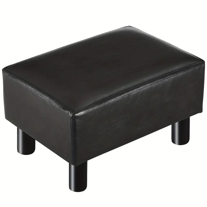 Small Wooden Leg Ottoman: Black PU Faux Leather Footrest-0