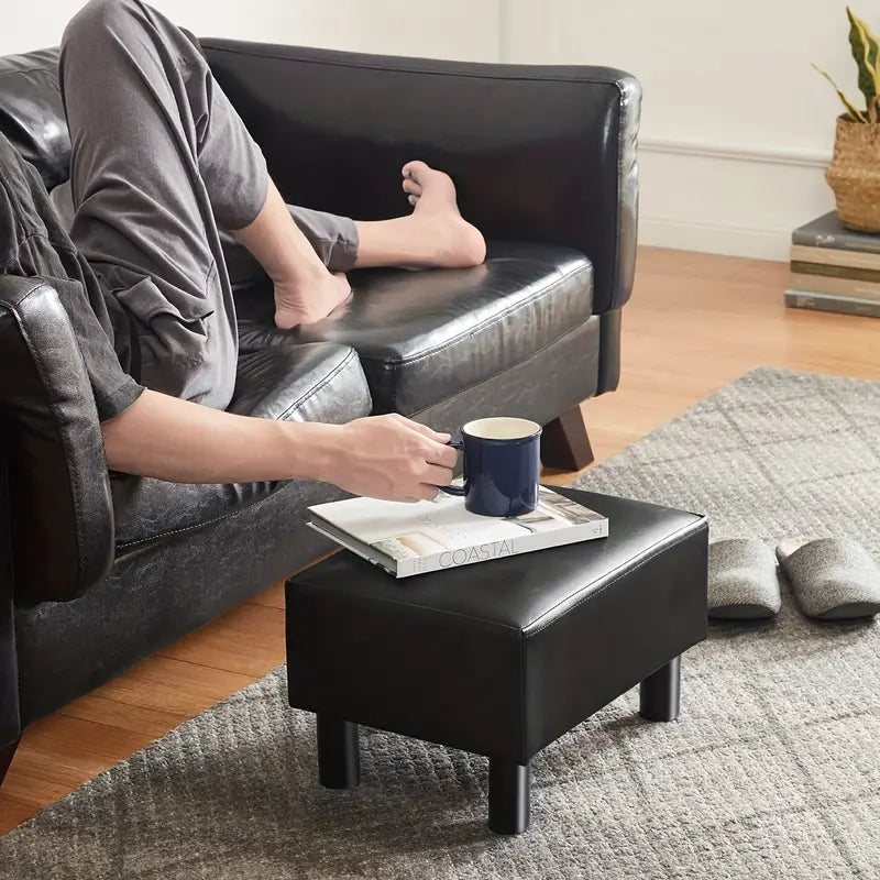 Small Wooden Leg Ottoman: Black PU Faux Leather Footrest-2
